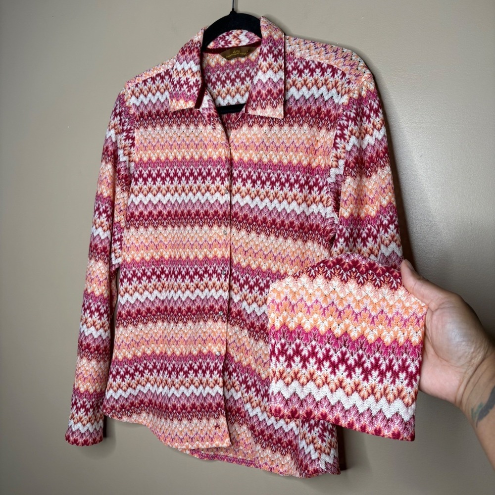 Aura Wrangler Women Pink Orange Chevron Pointelle Knit Snap Shirt XL 70s Boho